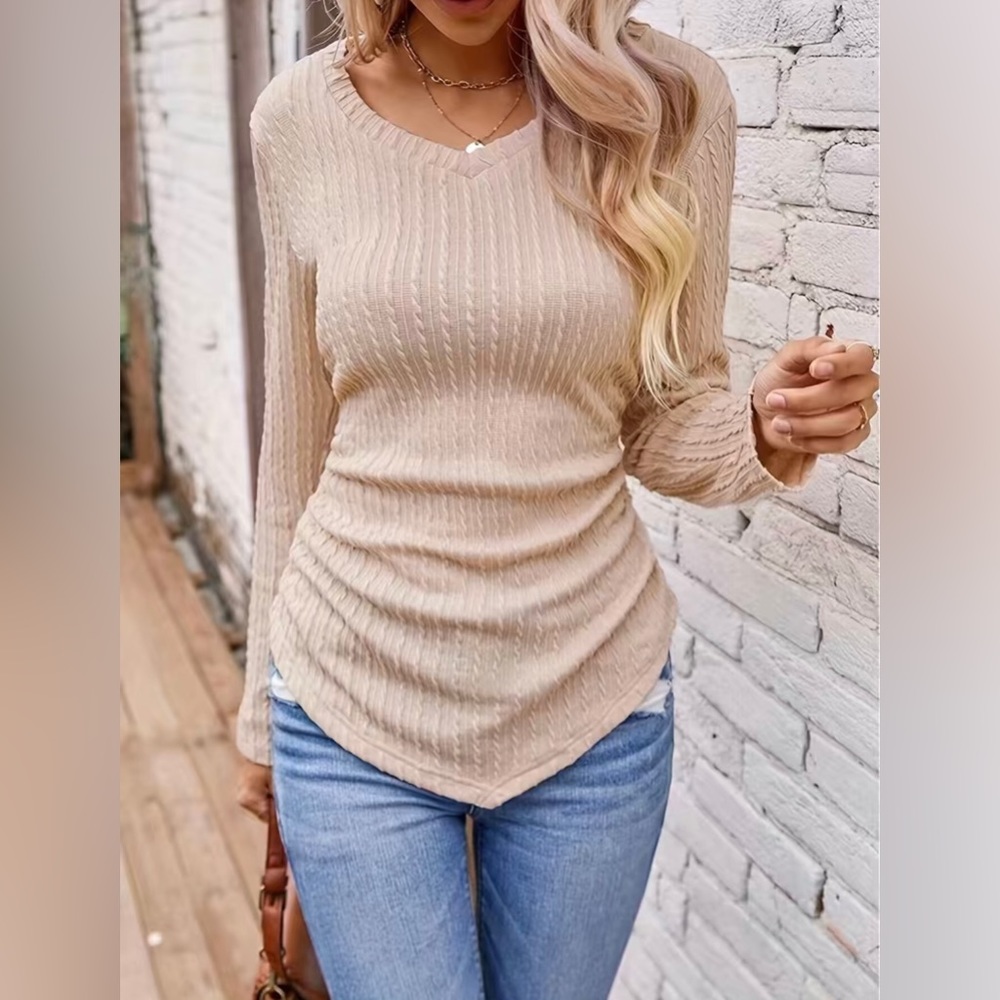 NWOT- Twist Textured V Neck T-Shirt, Casual Long Sleeve Top - Picture 1 of 3
